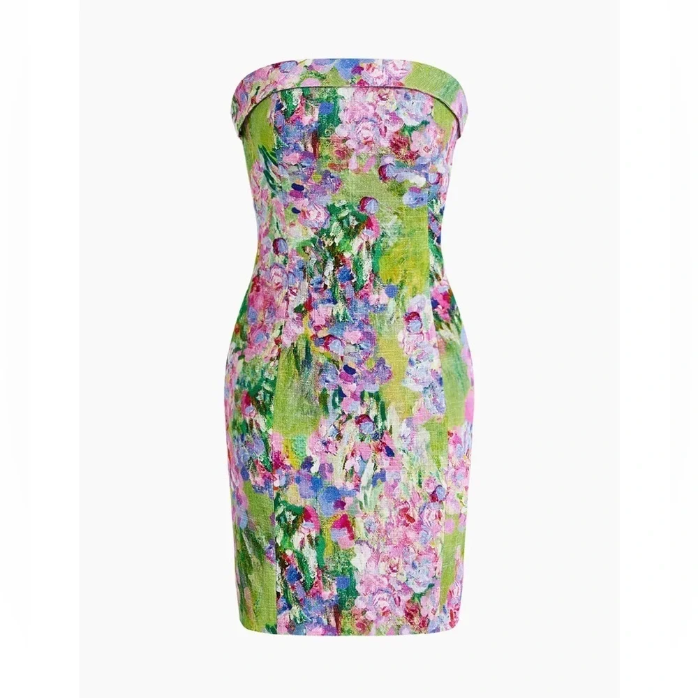 MOTF Linen Floral Print Shirred Back Strapless Mini Dress Large - Picture 2 of 12